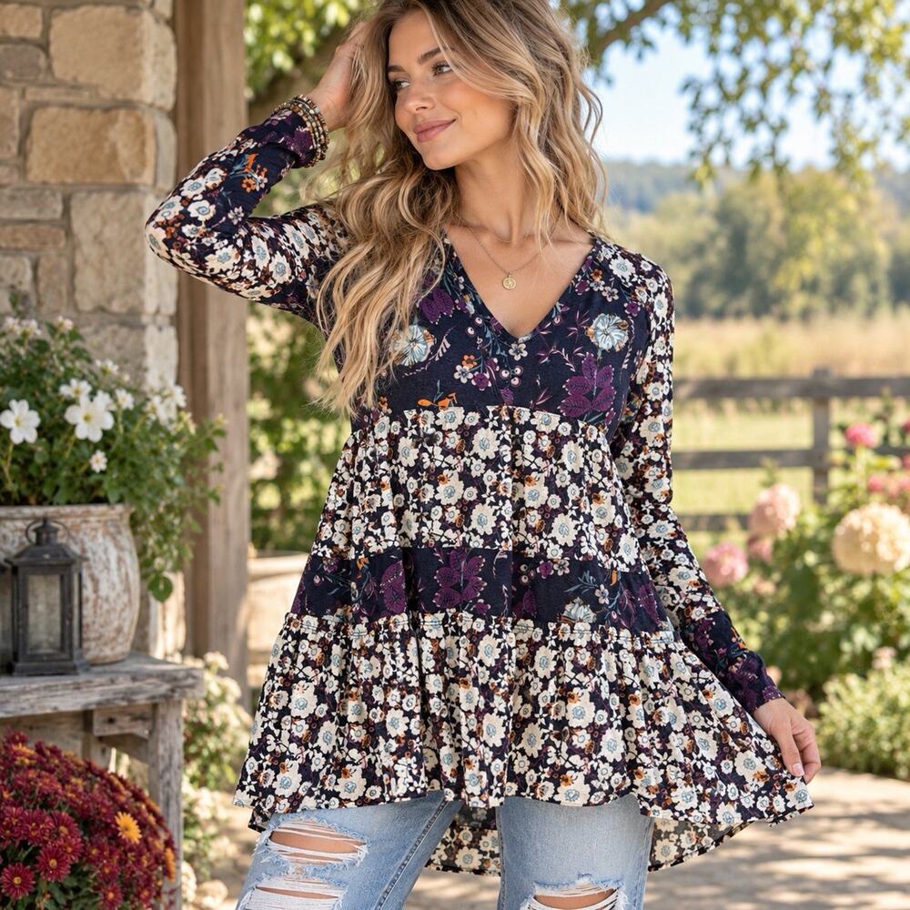 Free People Sz XS Babydoll Tunic Top Mixed Floral Tiered Boho Whimsigoth Peplum